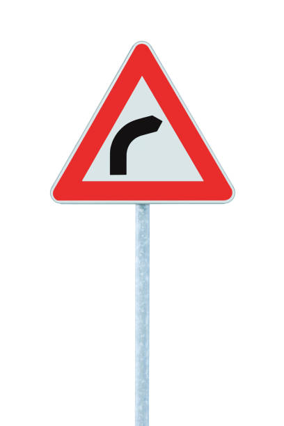 istock Bend to right ahead road sign, large detailed isolated vertical white triangular dangerous route section traffic warning signage closeup, red frame, grey metallic pole post, political conservatism bent concept 2183165774