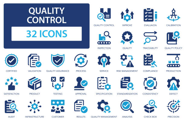 Quality control vector icon set. Quality assurance, inspection, certificate, quality check, improve, evaluation, traceability. Quality control vector icon set. Quality assurance, inspection, certificate, quality check, improve, evaluation, traceability. obedience stock illustrations