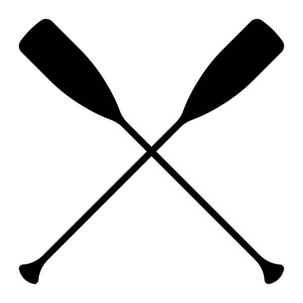 This vector illustration features an icon of two crossed oars, represented as black silhouettes of kayak or canoe paddles. The design symbolizes rowing paddles commonly used in water sports such as kayaking, canoeing, and river rafting. The crossed oars suggest motion and teamwork in water-based activities. The simple, clean lines of the paddles make the symbol easily recognizable and versatile for use in water sport-related graphics, apps, or websites. Isolated on a white background, the icon emphasizes the activity and the tools involved in these outdoor adventures.