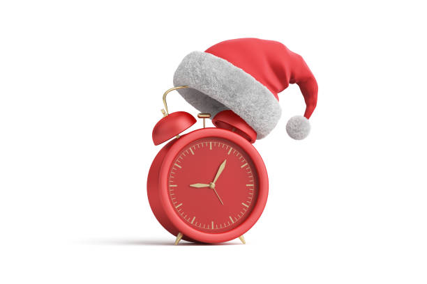 istock Red classic analog alarm clock with red santa hat on white background. Countdown to new year or merry christmas festival. Christmas ornaments. Happy time. Object with clipping path. 3D Illustration. 2183193320