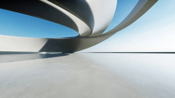 istock 3d render of white futuristic architecture, abstract wavy structure with empty concrete floor 2183207231