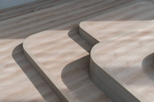 istock Wooden stairs with curved corners in a modern house interior 2183207927