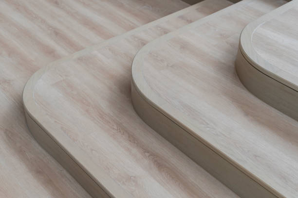 istock Wooden stairs with curved corners in a modern house interior 2183207976
