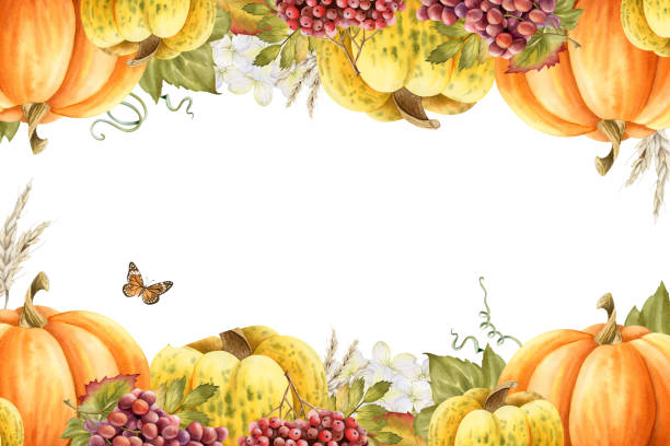 istock Fall farm landscape with pumpkins vegetables, wheat, grapes, rowan berries and butterflies horizontal frame template watercolor isolated illustration with copy space. Autumn market label design 2183211073