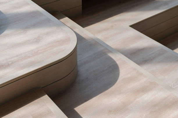 istock Wooden stairs with curved corners in a modern house interior 2183211108