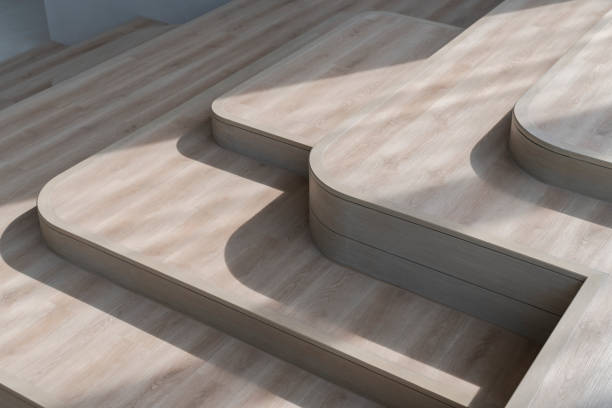 istock Wooden stairs with curved corners in a modern house interior 2183211149