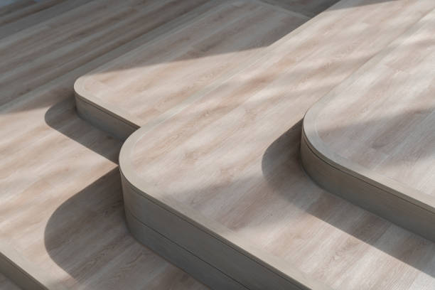 istock Wooden stairs with curved corners in a modern house interior 2183211211