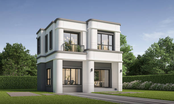 istock Modern house exterior day light with lawn grass.3d rendering 2183213780