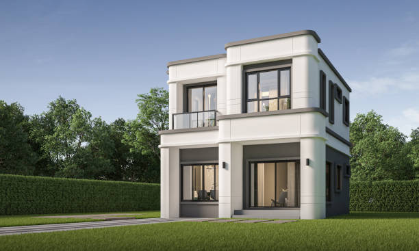 istock Modern house exterior day light with lawn grass.3d rendering 2183213782