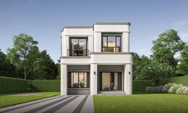 istock Modern house exterior day light with lawn grass.3d rendering 2183213783