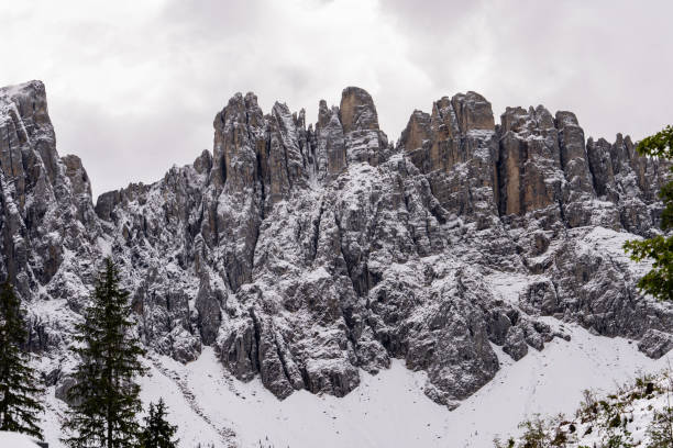 Mountain peaks at Karersee in Dolomites Italy.