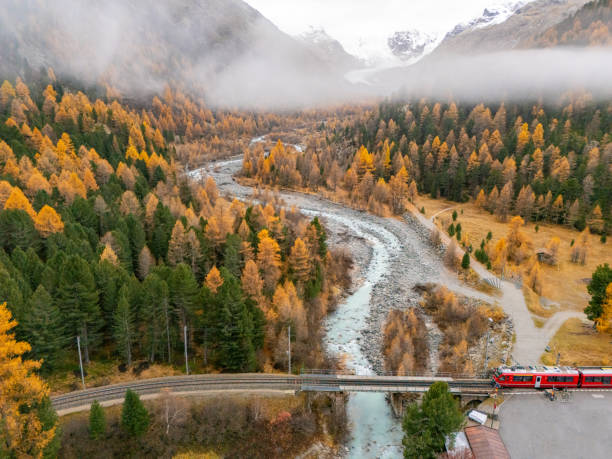 istock Red Train on Curved Track through Autumn Forest with Mist 2183220622