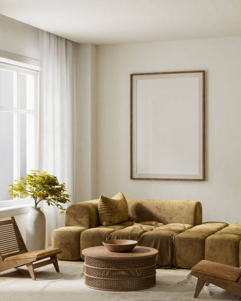 istock Mock up poster frame in boho style decorated livinig room. Modern, authentic Interior design of living room with wooden furnitures. 3D illustration 2183226445
