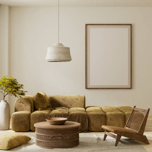istock Mock up poster frame in boho style decorated livinig room. Modern, authentic Interior design of living room with wooden furnitures. 3D illustration 2183226448