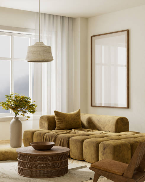 istock Mock up poster frame in boho style decorated livinig room. Modern, authentic Interior design of living room with wooden furnitures. 3D illustration 2183226452