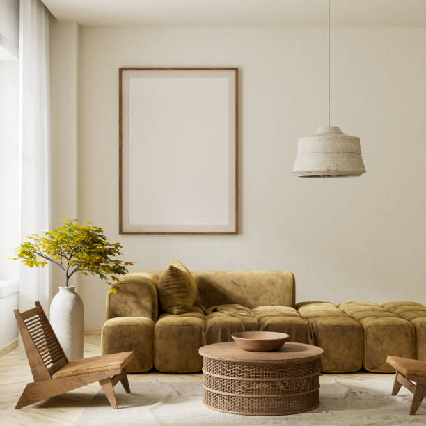istock Mock up poster frame in boho style decorated livinig room. Modern, authentic Interior design of living room with wooden furnitures. 3D illustration 2183226462