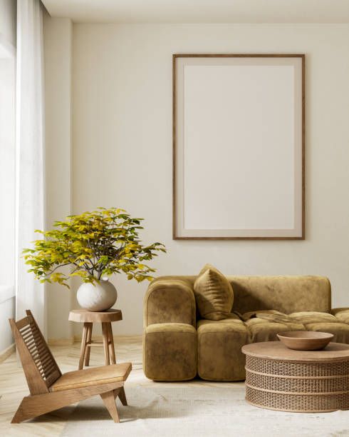 istock Mock up poster frame in boho style decorated livinig room. Modern, authentic Interior design of living room with wooden furnitures. 3D illustration 2183226465
