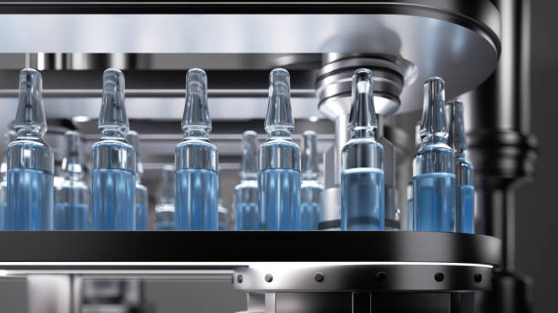 istock 3d render illustration. Drug manufacturing process. Pharmaceutical production with glass ampoule with corona virus vaccine moving on an automatic conveyor line. 2183232057