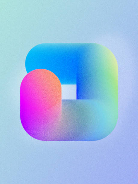 3d render. Abstract geometric square shape colored with pastel neon colors. Simple icon isolated on plain blue background. Poster with grainy film noise effect