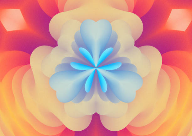 A vibrant abstract design featuring a symmetrical floral pattern with soft gradients of orange, pink, and blue against a purple background. Kaleidoscope with film grain effect