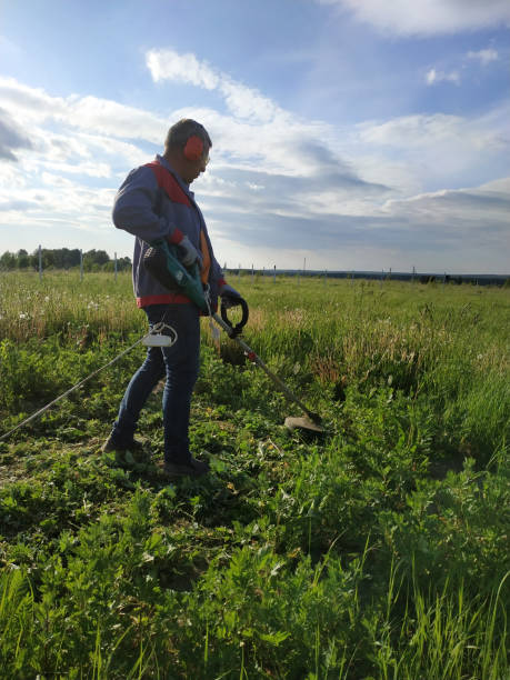 istock The headphone and glasses worker mows the grass in the field. 2183233551