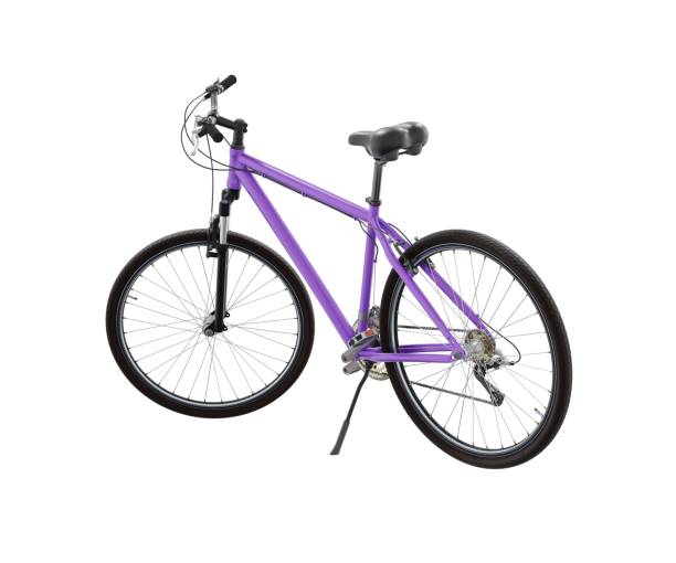 istock Purple bicycle standing on kickstand, side back view isolated on white background, 3D illustration 2183235802