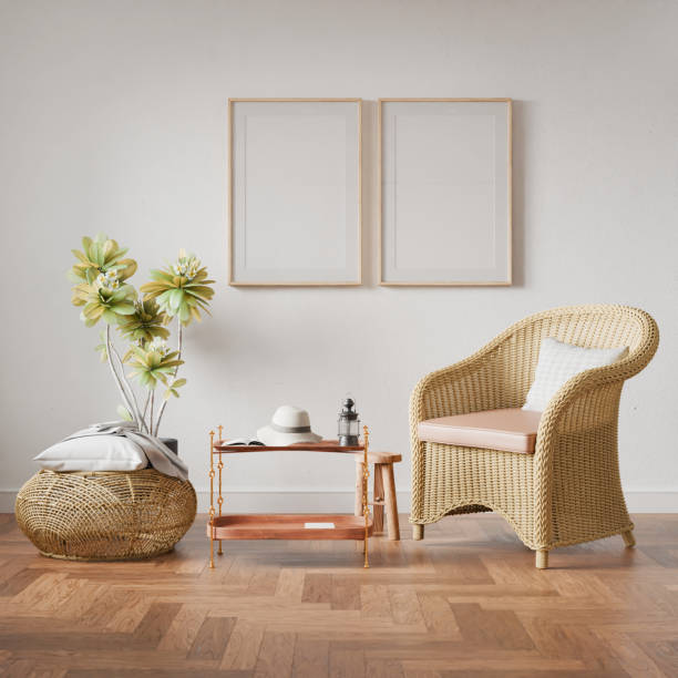 istock Frame mockup, interior frame, poster wood frame element and living room in empty picture interior vertical wooden floor There in illustration 3d render 2183235946
