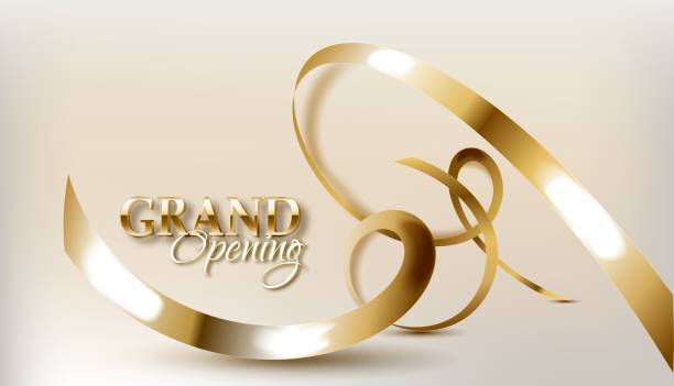 istock Grand opening sparkling banner. Text composition with golden splashes and ribbons. Gold sparkles. Elegant style. 2183236293