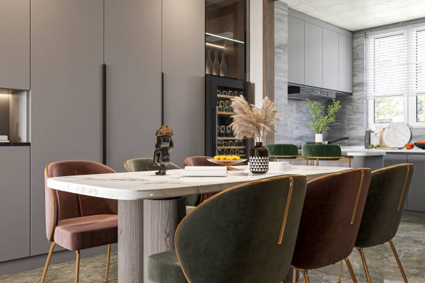 istock Modern Luxury Dining Room and Kitchen with Marble Table and Velvet Chairs 2183246754