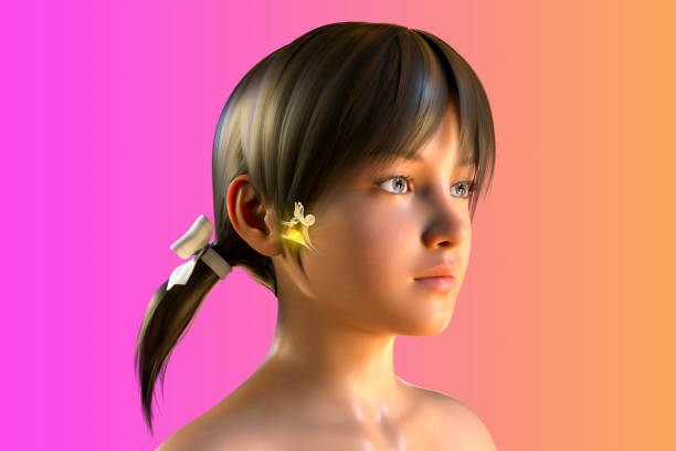 Otitis media, a group of inflammatory diseases of the middle ear, 3D illustration showing a girl with highlighted structures of the middle and inner air and accumulation of pus in the middle air