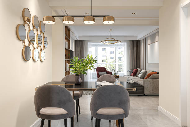 istock Modern Open-Plan Dining and Living Room with Stylish Decor and Gold Accents 2183259021