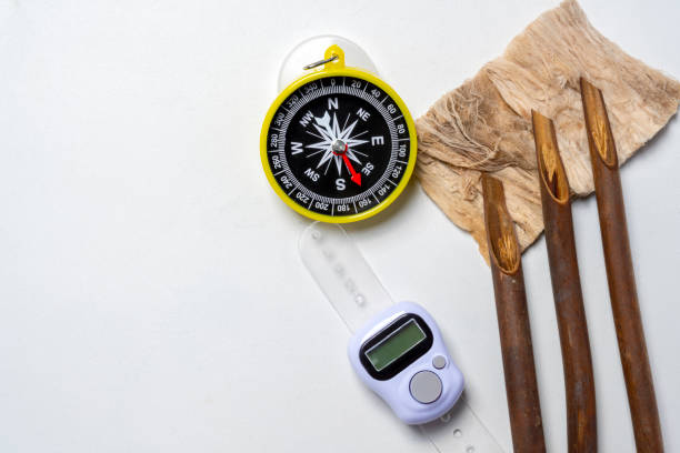 Set of calligraphy reeds with digital prayer beads and qibla compass isolated over white background. Reeds pen ink for writing Arabic calligraphy