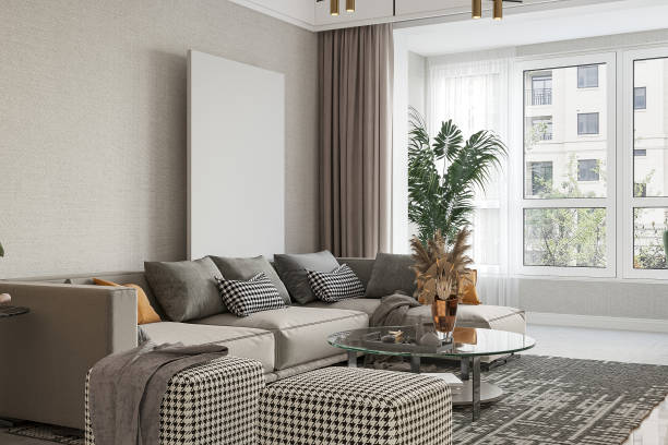 istock Cozy Modern Living Room with Large Windows, Neutral Tones, and Stylish Decor Elements 2183260194