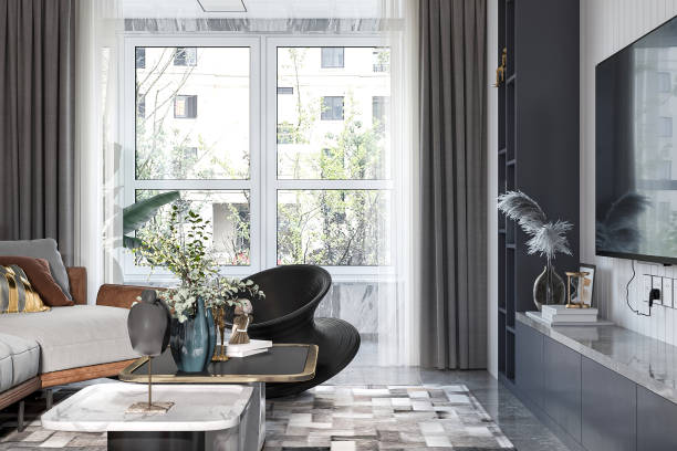 istock Modern Living Room Interior with Large Windows and Designer Decor 2183260269