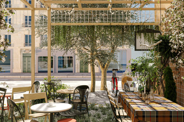 istock Charming Outdoor Cafe Terrace with Rustic Decor and Street View 2183260899