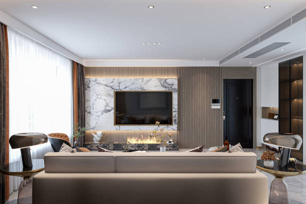 istock Contemporary Living Room with Marble Accent Wall and Modern Fireplace 2183260910