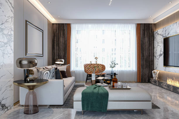 istock Contemporary Living Room with Marble Fireplace and Elegant Decor 2183260923