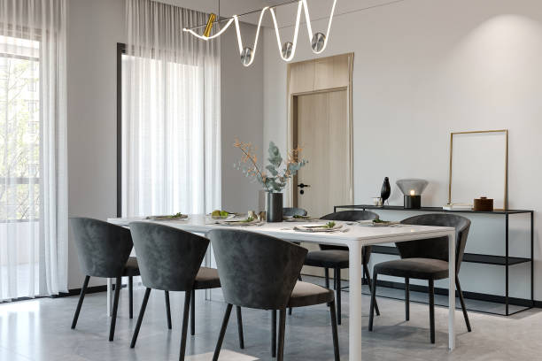 istock Modern Minimalist Dining Room with Contemporary Lighting and Elegant Table Setting 2183260994