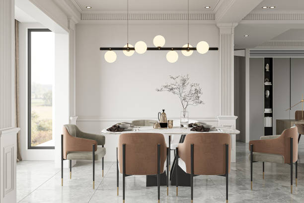 istock Elegant Modern Dining Room with Neutral Tones and Chic Lighting Design 2183261652