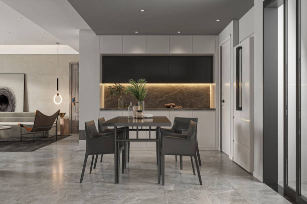 istock Luxury Open-Concept Dining and Kitchen Area with Modern Lighting and Sleek Interior Design 2183261698