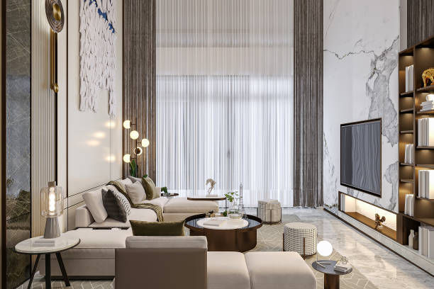 istock Modern Luxury Living Room with High Ceilings and Elegant Interior Design 2183261743