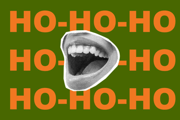 istock Human mouth talk ho-ho-ho like santa claus on colored background 2183262010