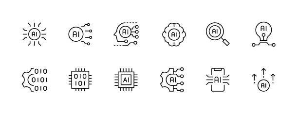 Artificial intelligence icon collection. Algorithms, automation, programming, automated system, innovation and more. Editable stroke. Pixel Perfect. Grid base 32px. artificial intelligence icon stock illustrations