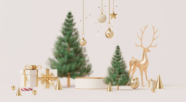 istock 3D render, Merry Christmas background with display podium decorated with golden gift boxes, reindeer, tree and ball for festive celebration. 2183263280