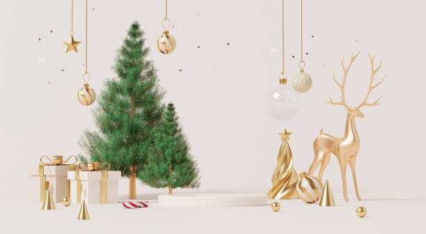 istock 3D render, Christmas new year celebration with luxury element golden reindeer, gift box, and tree with display podium. 2183263418