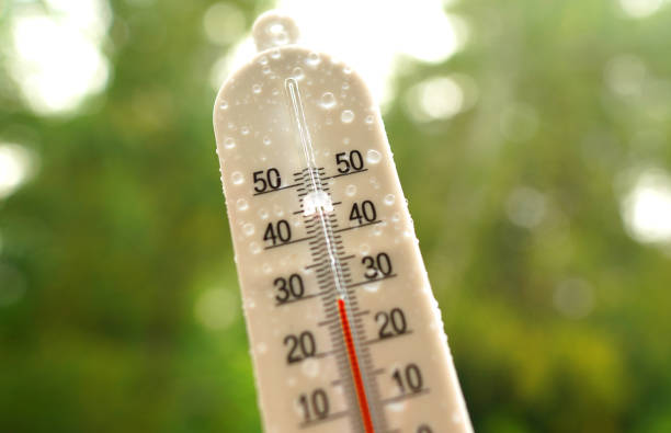 istock Thermometer for measuring outdoor air temperature. Tropical rain. Meteorological device for observing and measuring the weather. 2183266529