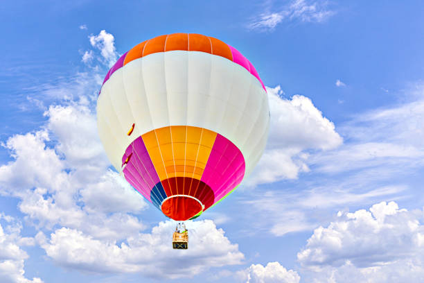 Colorful hot air balloon with rainbow color soaring in the sky,cloud with blue sky in the background,view from low angle