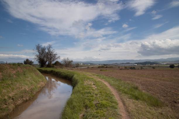 istock Scenic rural landscape with a stream and dirt path. 2183274365