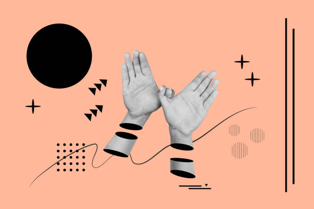 istock Woman hands doing bird gesture on a pink background with black geometric draws 2183279224
