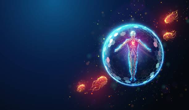 istock Abstract illustration of human body protected by shield barrier made of glowing neon particles. Blue geometric background depicting healthcare and disease treatment medical concept. Digital vector illustration 2183280270